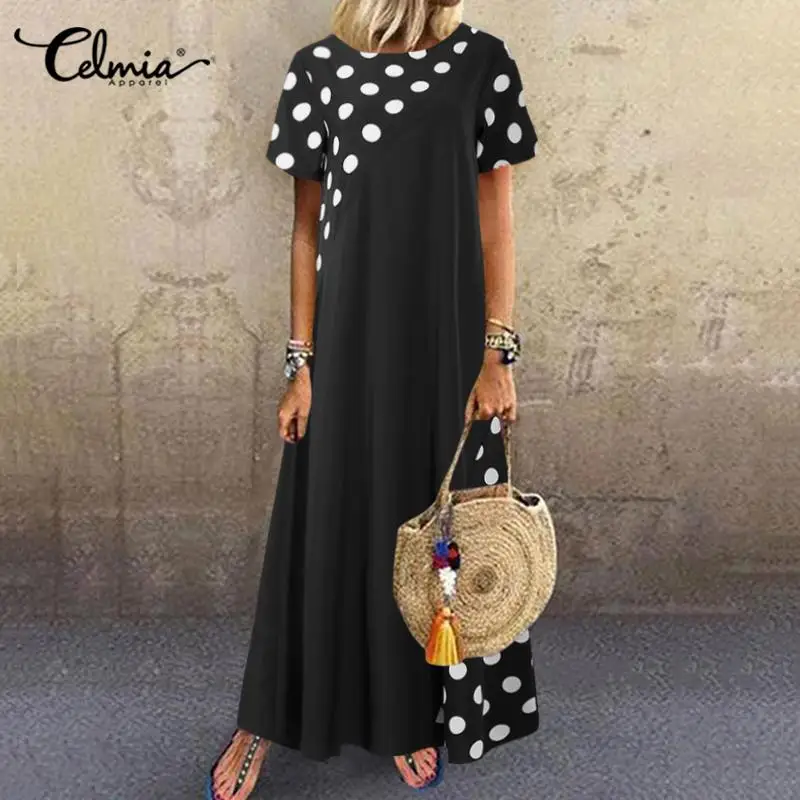 

Women Party Summer Long Dress 2022 Celmia Polka Dot Print Maxi Sundress Bohemian Short Sleeve Casual Loose Vestidos O-neck Robe
