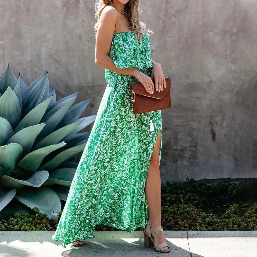 Женское Макси платье с открытыми плечами летние платья разрезом спереди для