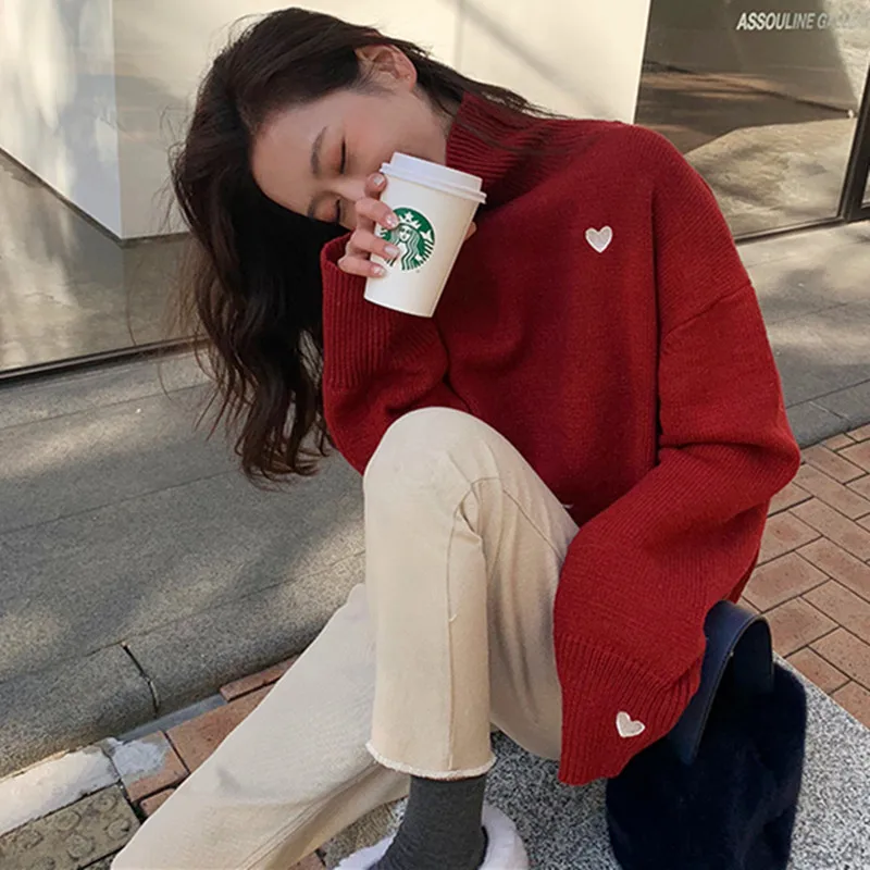 

Korean style loose sweater women thick autumn winter knitted sweaters female turtleneck pullover top sweet girl's pull shirt