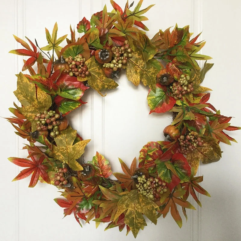 

Fall Door Wreath Fall Maple Leaf Berry Pumpkin Wreath Autumn Harvest Wreath for Front Door Thanksgiving Halloween Fall
