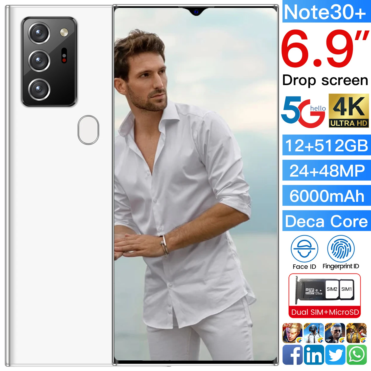 

2021 Sunsamg Note30 Global Version Smartphone 5G Android 6.9 Inch Screen 12G 512G 24MP 48MP Camera Face ID 6000mah Large Battery