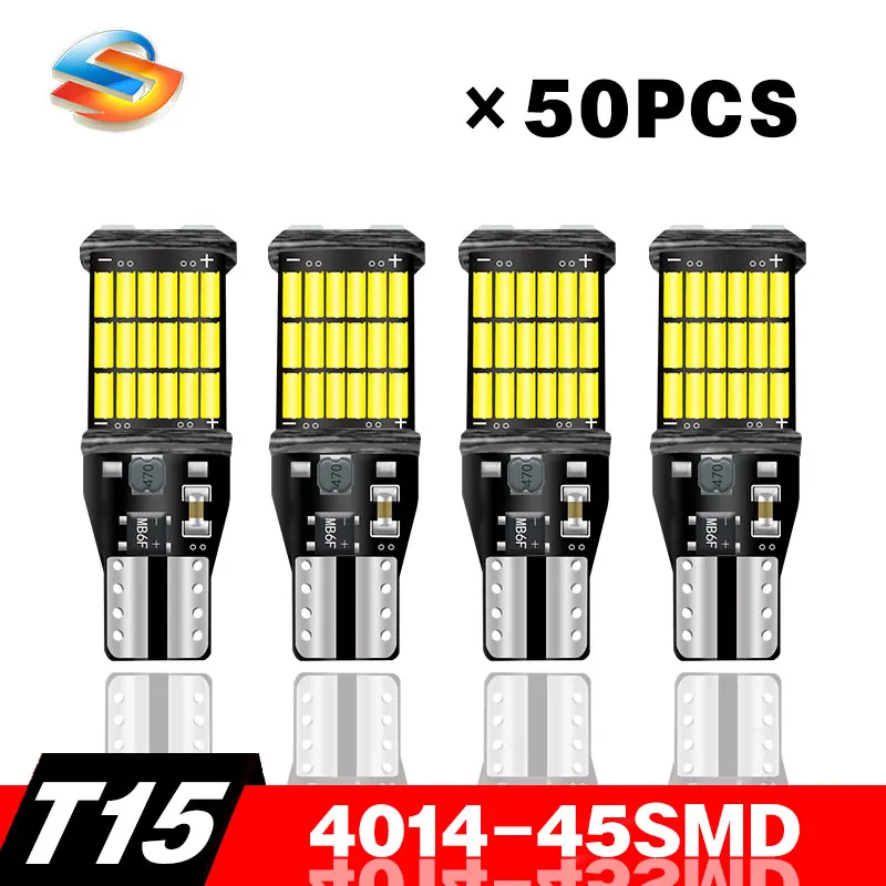 

50 шт., автомобильные фонасветильник заднего хода T15, 4014, 45SMD 921, 912, W16W, 12 В