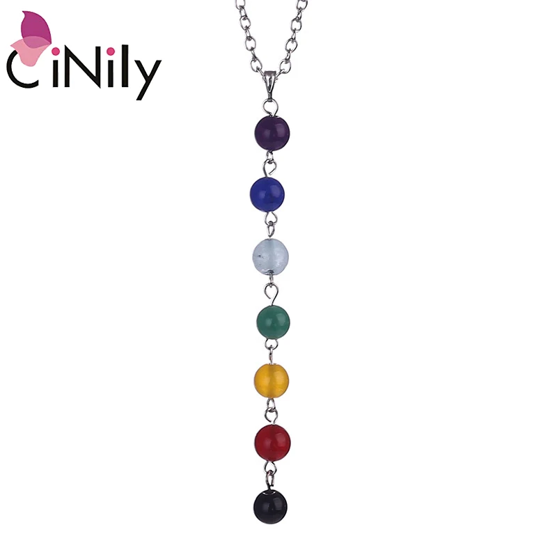 CiNily 7 Chakra Necklaces & Pendants White Gold Color Healing Balancing Reiki Rainbow Stone Beads YOGA Chain Power Woman Jewelry