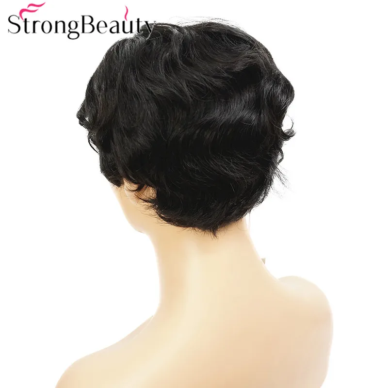 StrongBeauty короткий кудрявый женский парик натуральный черный Пикси СТРИЖКА Полный