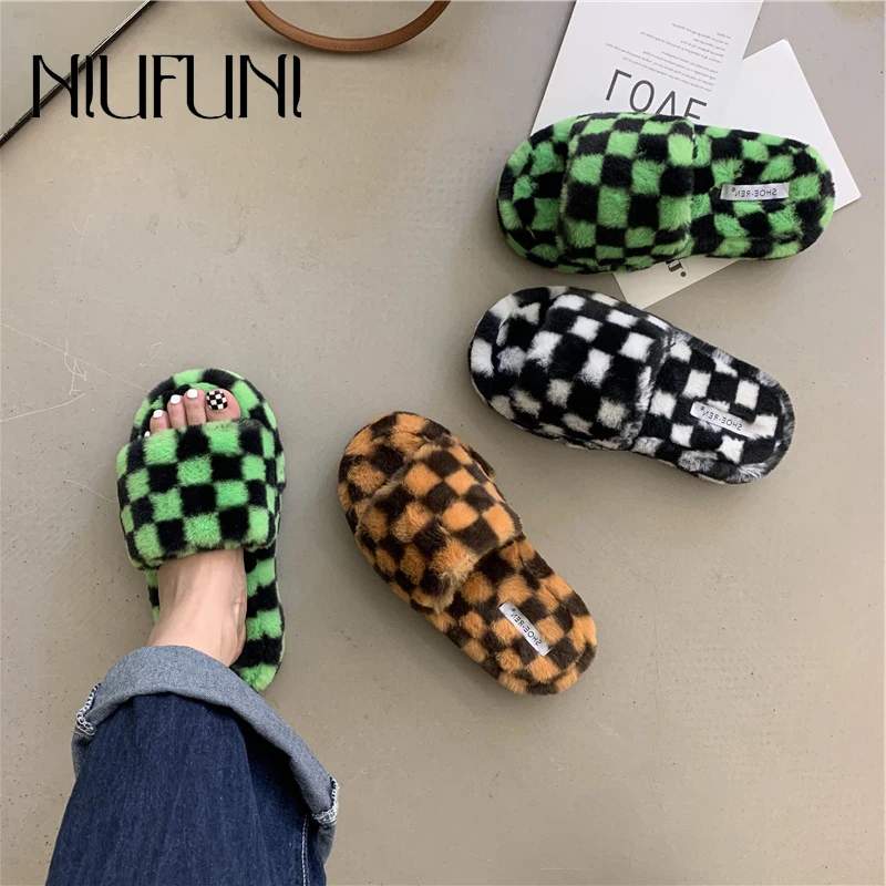 

Wool Platform Short Plush Checkerboard Autumn Winter Warm Furry Shoes Slip-On Flats Casual Slippers Shallow Open Toe Women Shoes