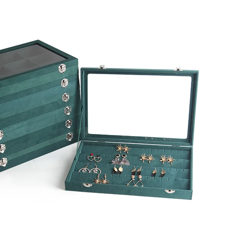Fashion Green Style Suede Jewelry Organizer & Display With 12/14 Cells Multi-purpose Large Capacity Velvet Jewelry Box With Lock