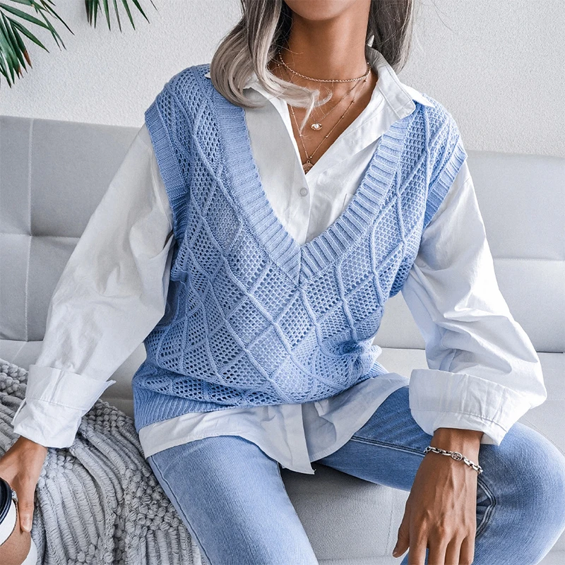 

Womens Casual V-neck Knitted Vest Fashion Solid Color Hollow Slim Fit Sleeveless Knitwear