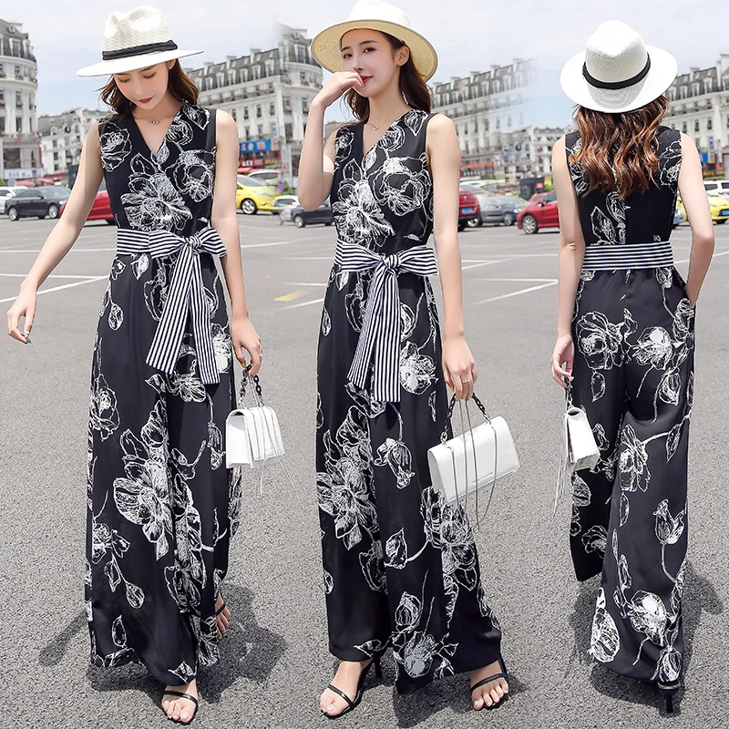 Женский комбинезон с цветочным принтом повседневный без рукавов длинными