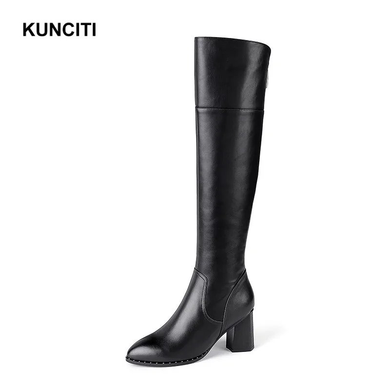 KUNCITI/; сапоги до колена; женские пикантные сапоги; большие размеры 34-42; черные сапоги из натуральной кожи; зимняя теплая обувь высокого качества; B921