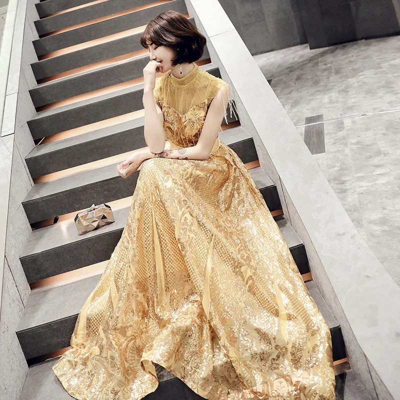 

New Spring Long Golden Evening Dress Temperament Ladies Party Banquet Host Dress Women Host Evening Dress