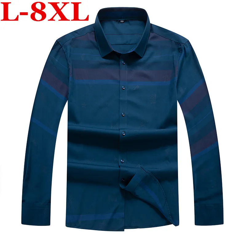 

6XL plus 7XL size 8XL Mens Business Casual Long Sleeved Men Shirt Classic Striped Male Social Dress Shirts Outwear