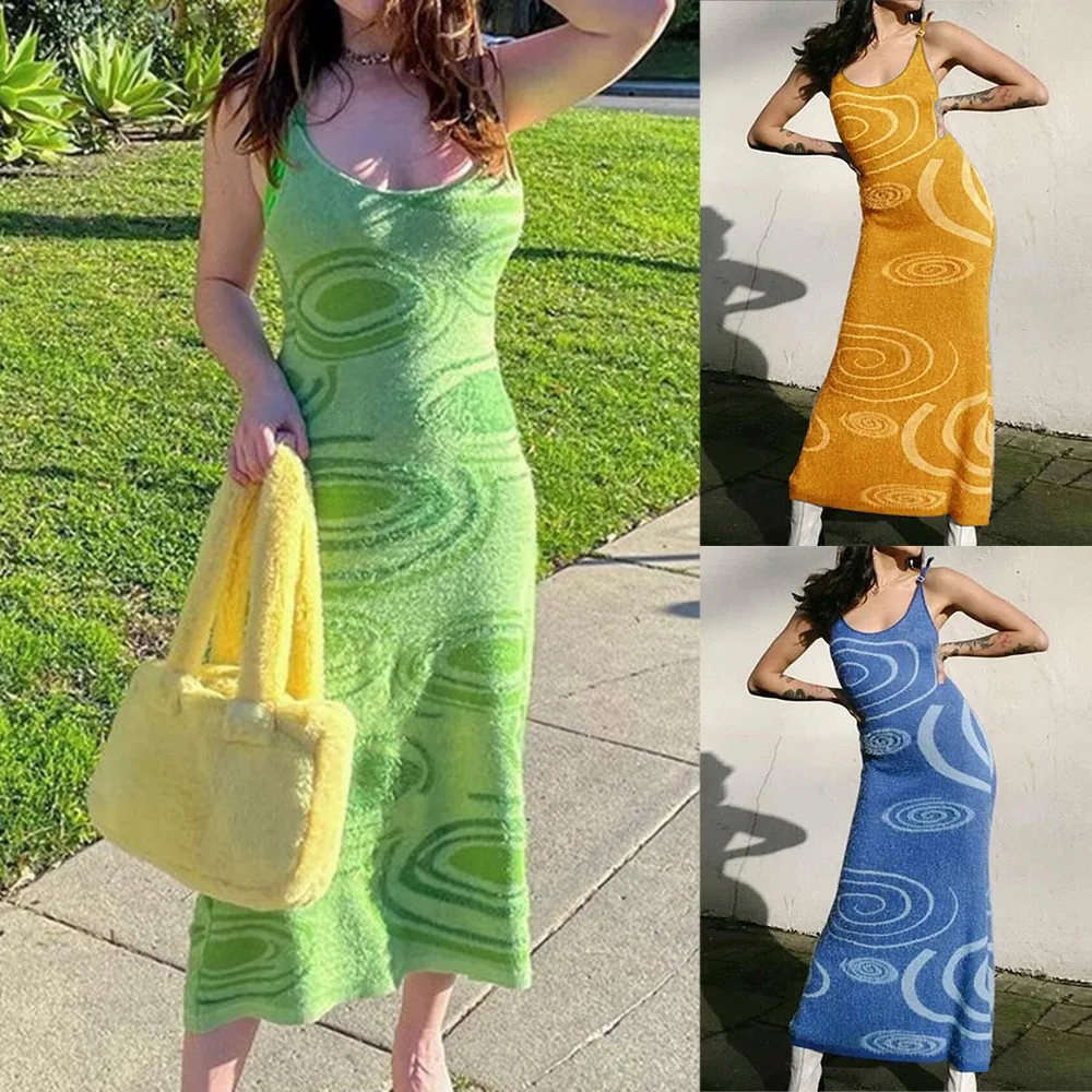 

Menore 2021 Print Knit Bodycon Dress Summer Women Green Y2K Hollow Out Sexy Sleeveless Spaghetti Strap Beach Midi Dresses Party