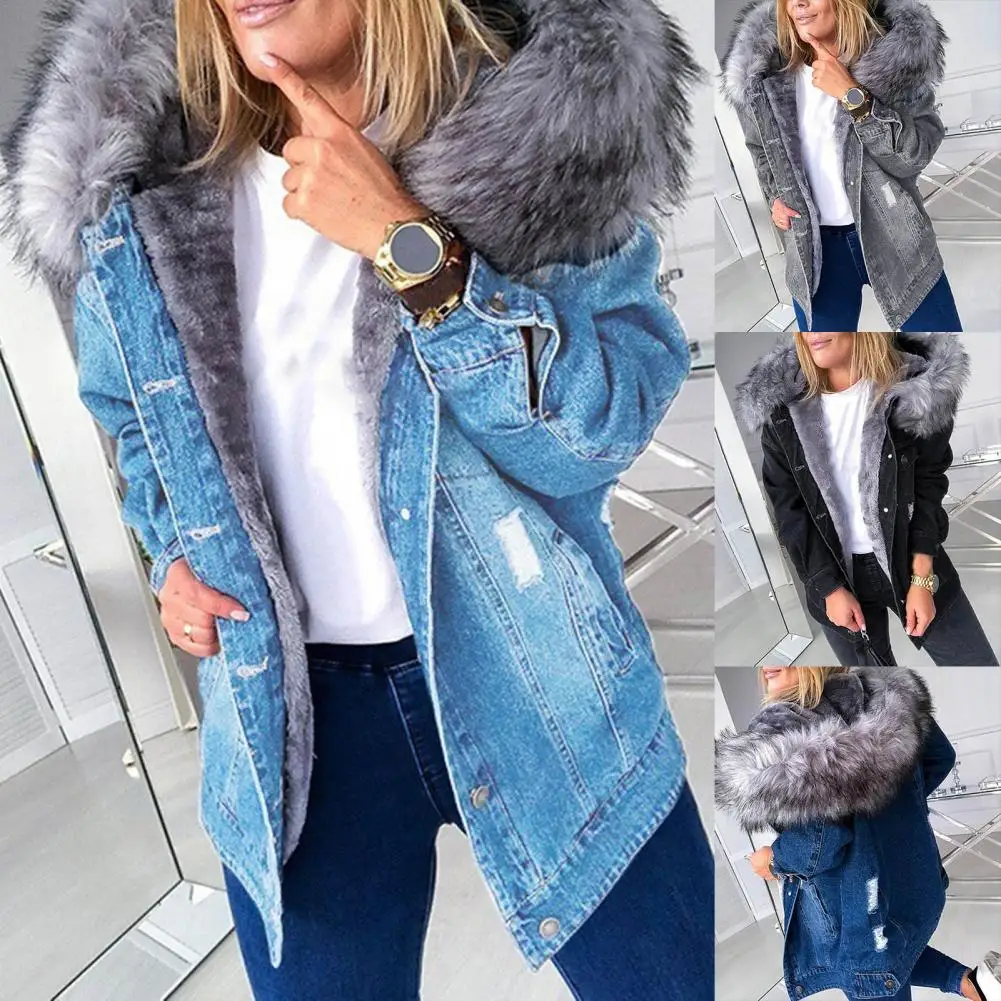 

Denim Coat Hooded Plush Lady Slim Mid-length Jacket for Daily Wear