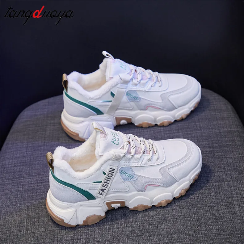 Белые женские кроссовки зимняя повседневная обувь женская плюшевая теплая