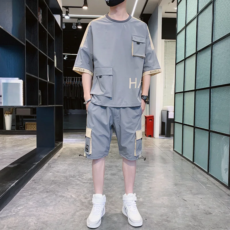 

Men's short sleeve T-shirt suit Korean men's sports leisure loose suit plus fat plus size fat spring and summer