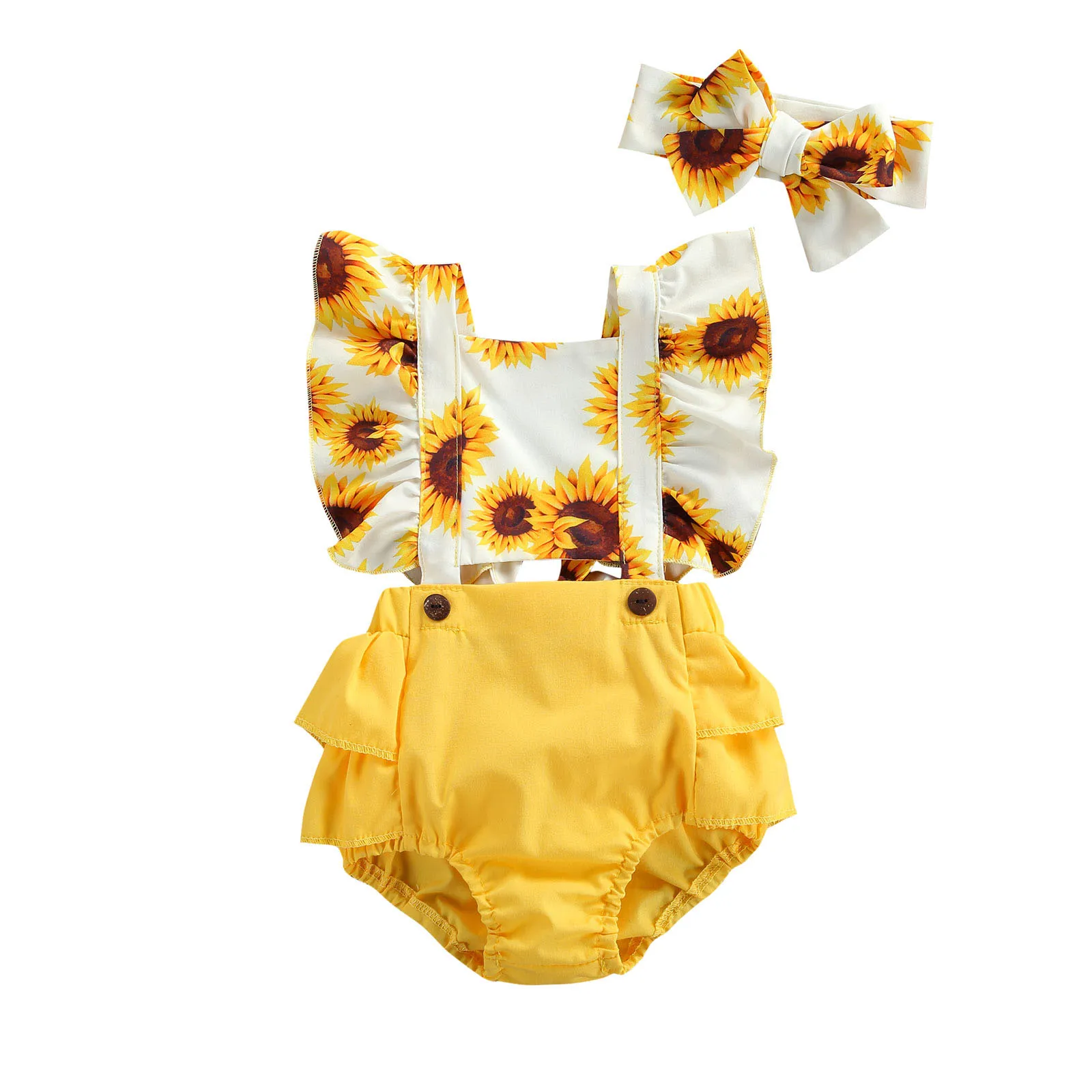 

Kids Bodysuit with Headband, Sunflower Print Square Collar Fly Sleeve Hollow Out Romper+ Hairband, 0-24 Months