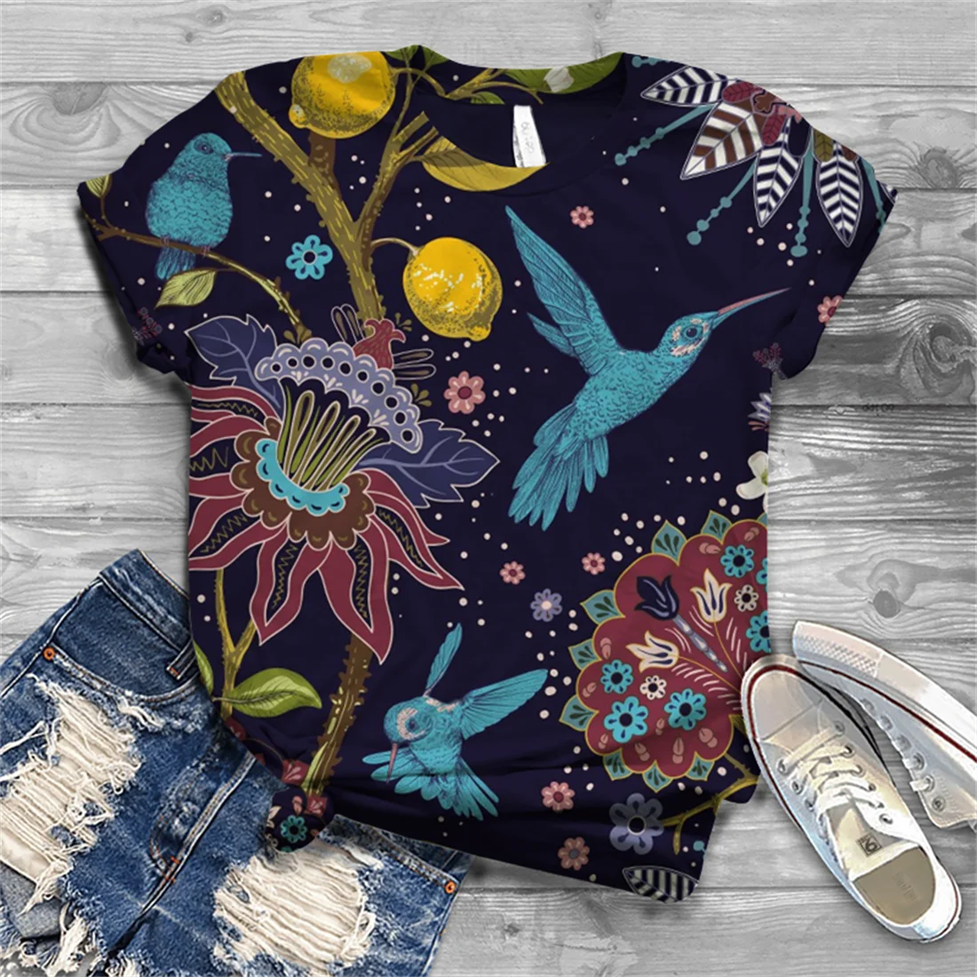 Women's shirt fashion and comfortable cute bird print short-sleeved round neck T-shirt casual street custom plus size top