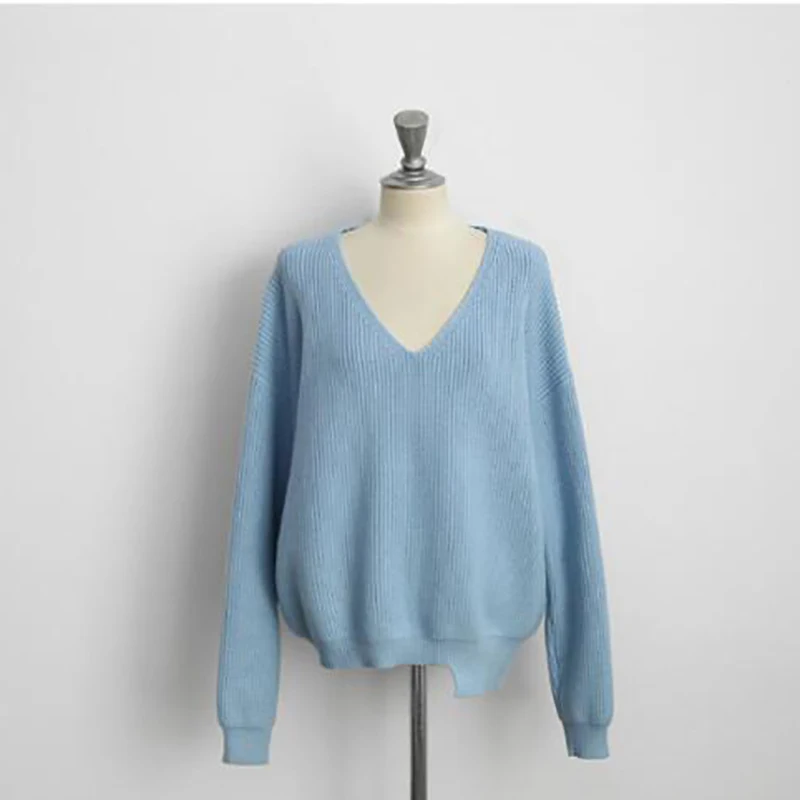 2020 Spring Women Blue V-neck Pullover Sweater Lazy oaf Loose Solid Color Casual Oversize White Black Pullovers | Женская одежда