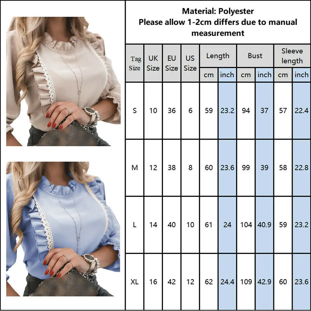 

WEPBEL Lace Patchwork Blouses Solid Color Long Sleeve Tops Leisure Long Sleeve Women Shirts Ruffled Fashion Ruffle Casual Top