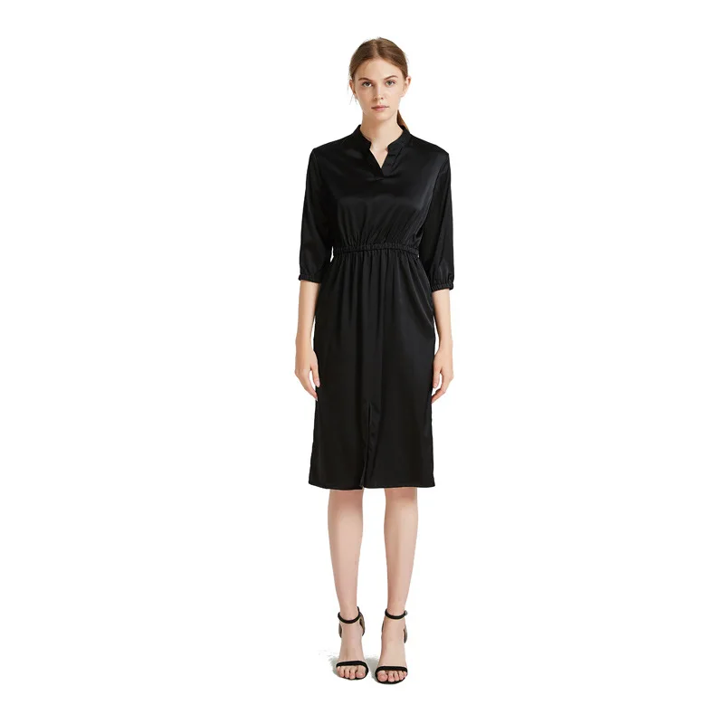 Nature Silk Long Sleeve Shirt Dress Women Casual Summer Beach Dress Elegant Party Dresses - Цвет: Черный
