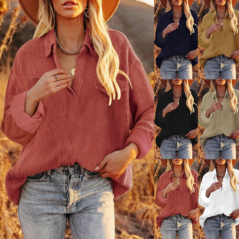 

2021 new winter European and American women's Corduroy Lapel top Pullover loose solid color shirt coat