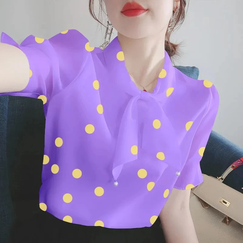 

Polka Dot Chiffon Shirt Women 2021 Summer New Korean Version Of Loose Bow Short-sleeved Blouse French Western Style Small Shirt