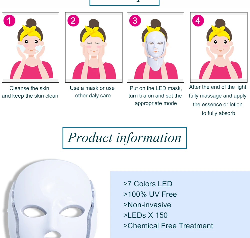 7 цветов свет LED маска для лица с шеи омоложения кожи Уход за лицом лечения Красота анти-акне терапии отбеливание инструмент