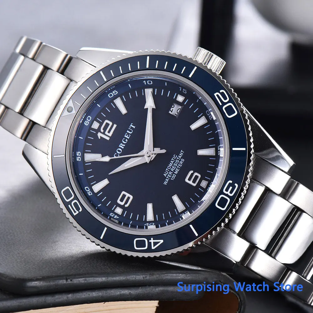 Corgeut 41 мм синий циферблат автоматические механические мужские часы люксовый