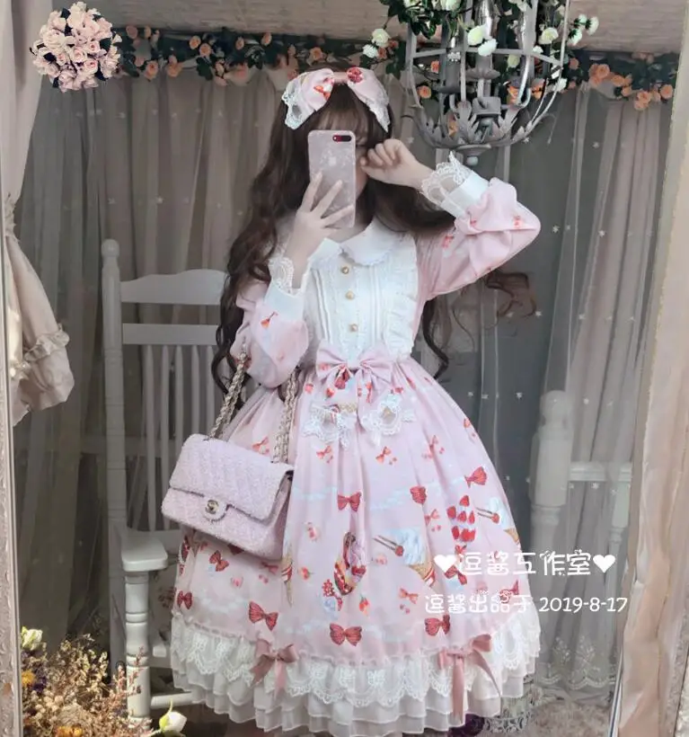 Милое женское платье принцессы с принтом клубники и десертов кружевное в стиле