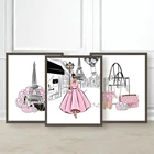 Модный художественный постер, сумки с розовыми цветами, башня Парижа, шопинг, холст, печать, настенная живопись, салон красоты, украшение для комнаты для девочек, картина