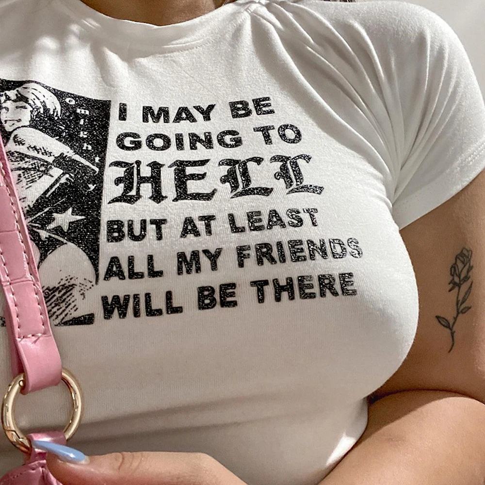 

Women Summer Casual Letter Print O- Short Sleeve Ins Bodycon Crop Top T Shirt