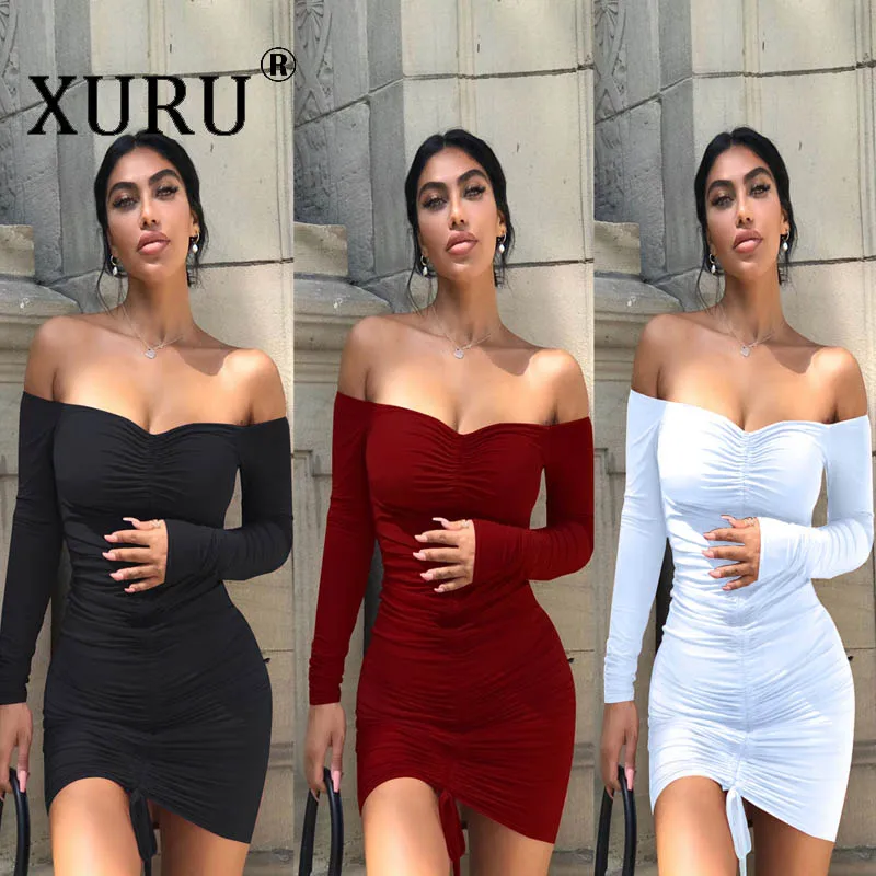 

XURU autumn and winter new women's dress European and American sexy drawstring folds collar dress