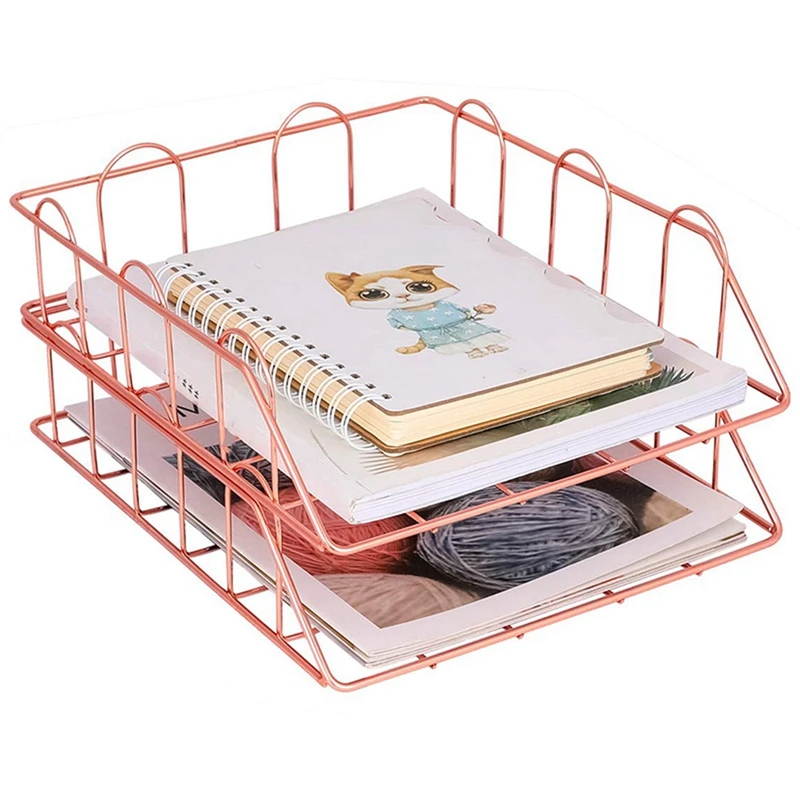 

2pcs Metal Stackable File Document Letter Tray Organizer & 1pcs Desktop Mail Organizer, 3-Slot Metal, Rose Gold