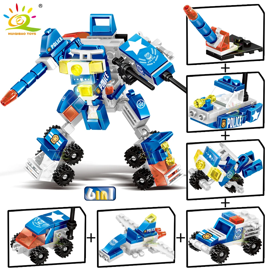

HUIQIBAO 140PCS City Police Super Armor Robot Building Blocks Military Vehicle Car Fighter Heroes Mecha Bricks Toys For Children