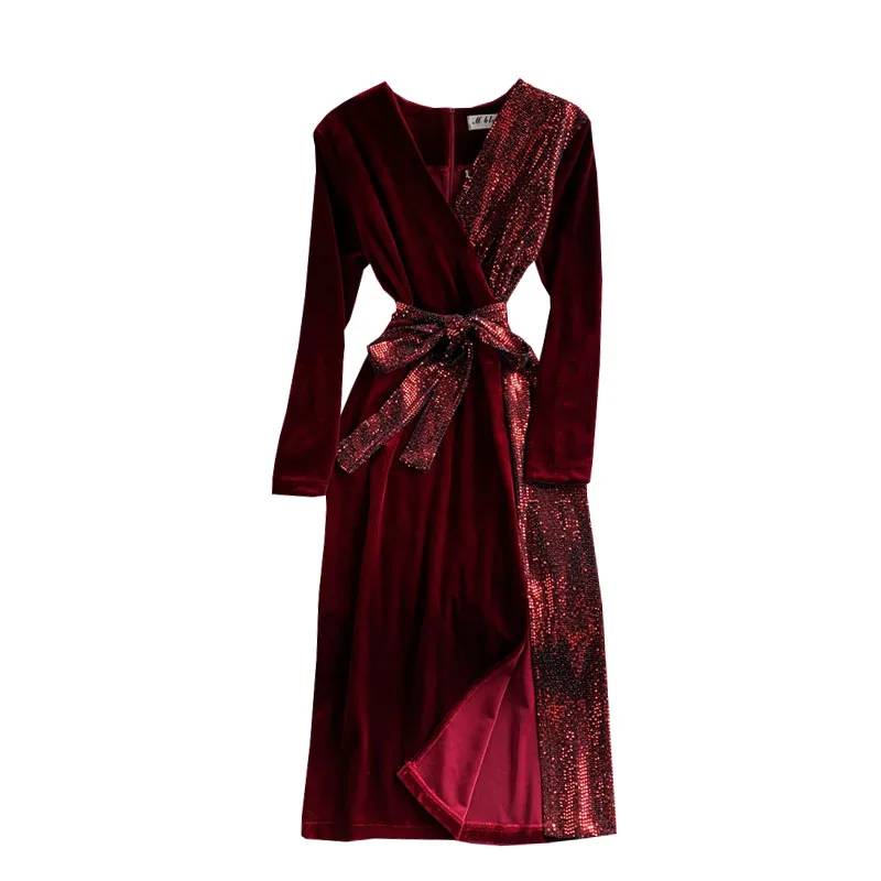 

French Sequin stitching V-neck velvet dress in autumn and winter
