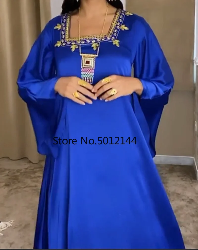 

Eid Satin Abaya Dubai Kaftan Muslim Dress Women Abayas Turkey Islam Djelaba Robe Longue Femme Musulman Islam Caftan Dresses Blue