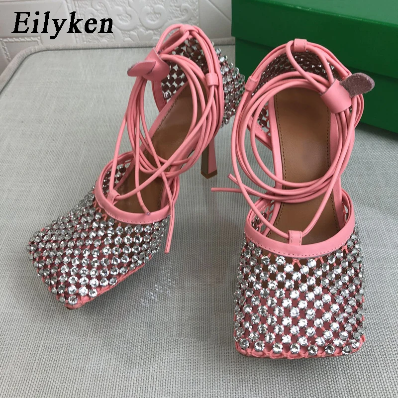 

Eilyken Size 35-42 Crystal Green Women Fishnet Pumps Runway Square Toe Ankle Cross Tied High Heel Rhinestone Sandals Shoes