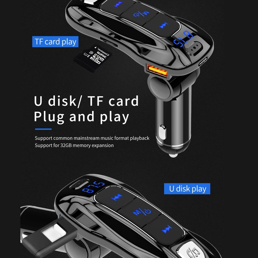 Fm Transmitter Bluetooth-compatible 5.0 PD Car Kit QC 3.0 Fast Charger Support U disk TF card voltage detection MP3 Player | Автомобили и