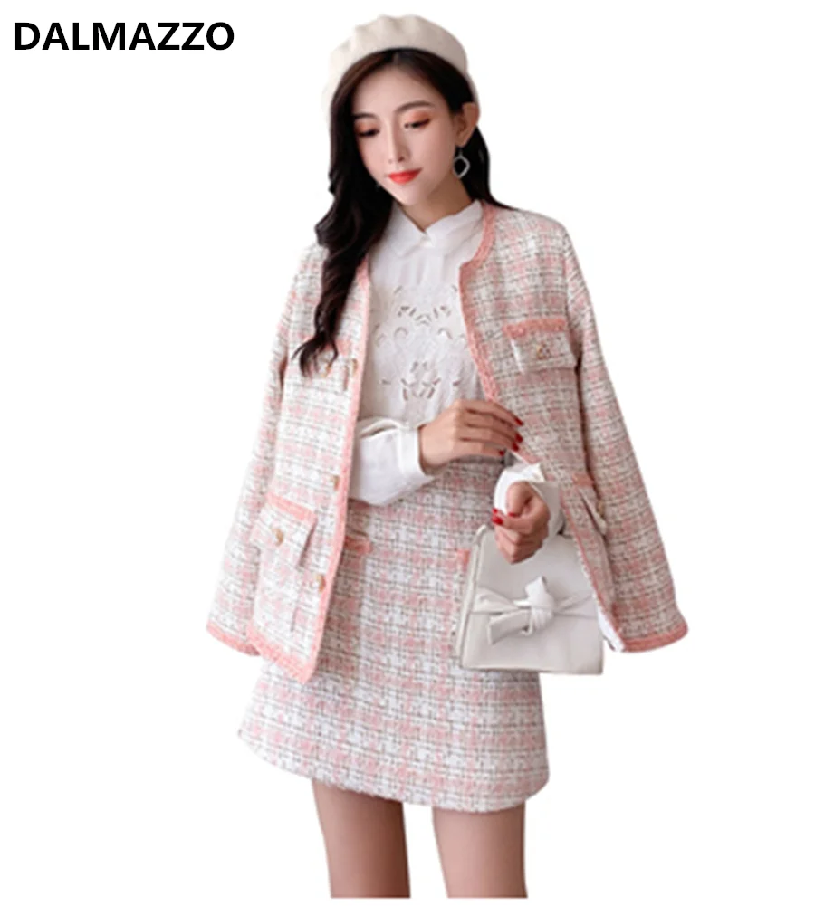 Женский твидовый костюм в клетку Розовый шерстяной однобортный пиджак с