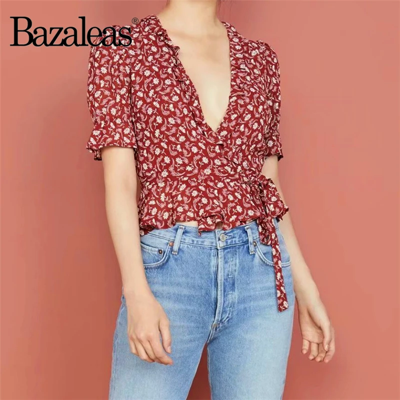 Bazaleas Vintage Red Floral Print blusas mujer de moda 2020 Ruffles V Neck Wrap women Blouse Holiday Shirt | Женская одежда