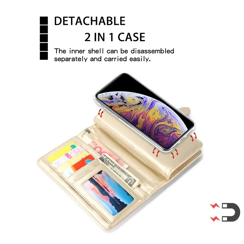 Чехол-книжка из искусственной кожи для iphone 7, 6, 6 S, 8 Plus, 5 Plus, 2 в 1, многофункциональный чехол-бумажник для iphone X, XS, Max, XR, 11, съемная сумка для телефона