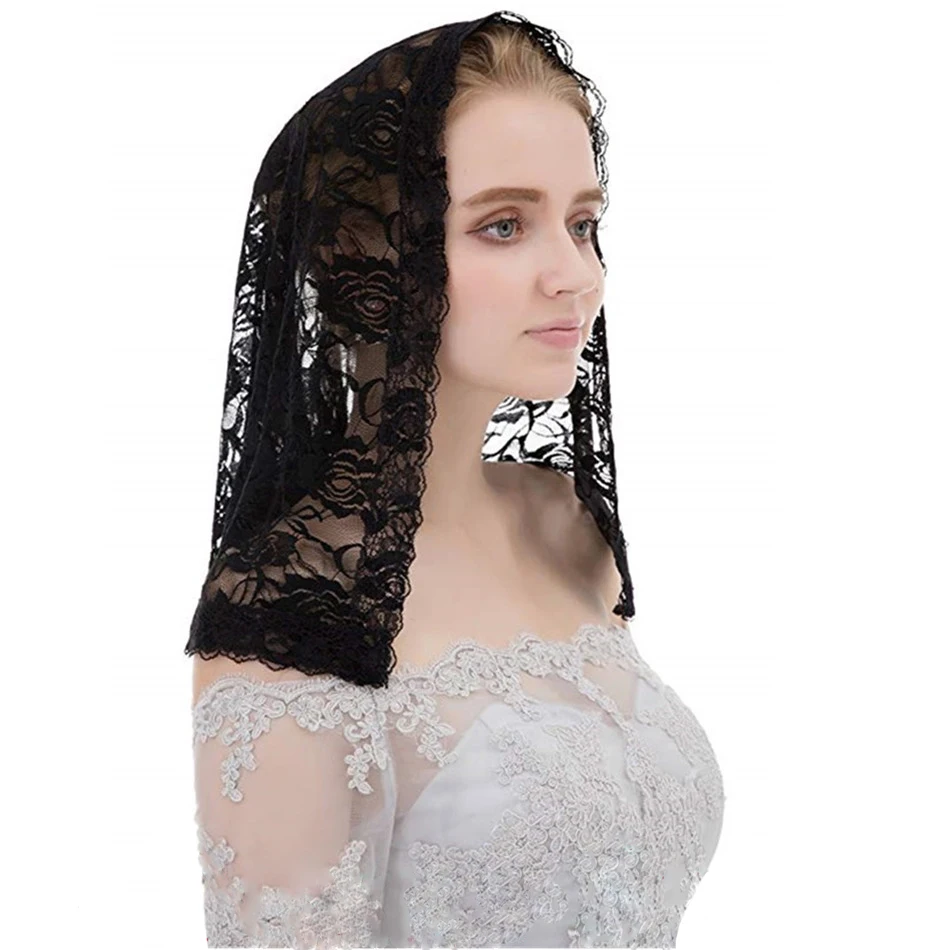 Черная кружевная Фата Мантилья для Church Veil католический Латинской массового головной убор с цветочным рисунком Vela негра вуаль кружева мантилья Блан
