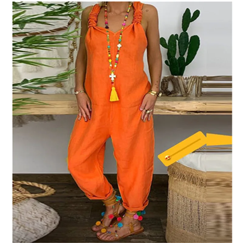 2021 Women Casual Solid Strappy Dungarees Vintage Cotton Linen Loose Rompers Party Long Harem Overalls Jumpsuits |