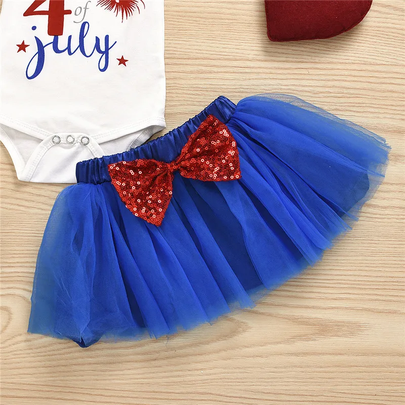 

2020 Brand Baby Clothes Sets for Independence Day Summer Baby Girl 4th of July Outfits 4Pcs Bodysuit+Mesh Skirts+Socks+Headband