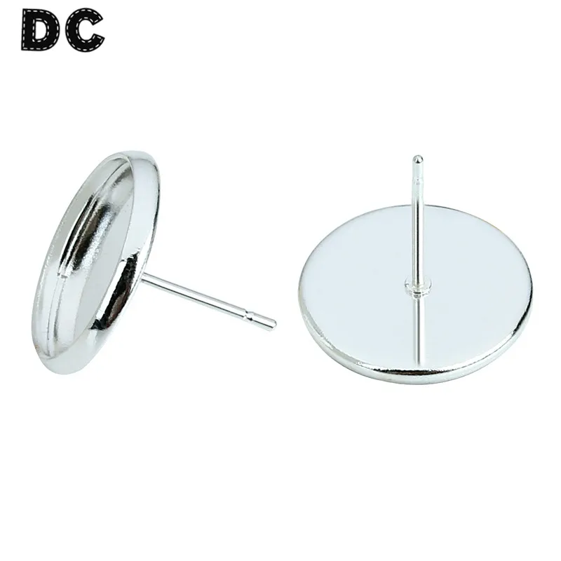 

20pcs 8/10/12/14mm Silver Color Metal Ear Studs Round Flat Blank Tray Base Cabochons For DIY Jewelry Making Findings