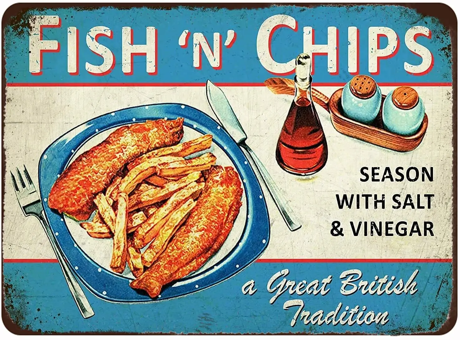

Fish Chips Season with Salt Viengar Tin Sign Posters Bar Pub Wall Decor Cafes Pubs 8x12 Inch Garage Cave Retro