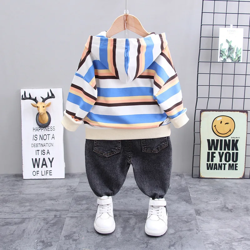 Осенняя детская повседневная одежда футболка в полоску с капюшоном для