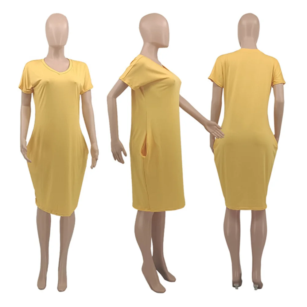 

RStylish 2021 Summer Fashion Women Plus Size Solid V-Neck Casual Short Sleeve Pockets Oversize Party Midi Dress