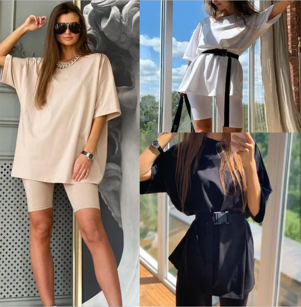 

Повседневный Однотонный женский костюм из двух предметов с поясом, домашние свободные спортивные костюмы, модный велосипедный летний попу...