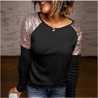 s xxxl all match t shirt women loose casual long sleeve patchwork sequins o neck tops pullover elegant ladies solid streetwear
